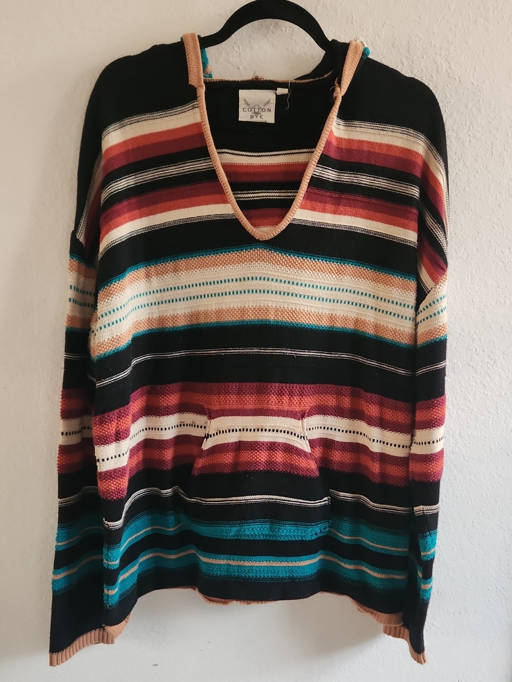 100 % Cotton Rye Outfitters Knit Striped Hooded Sweater Boho Southwestern XL